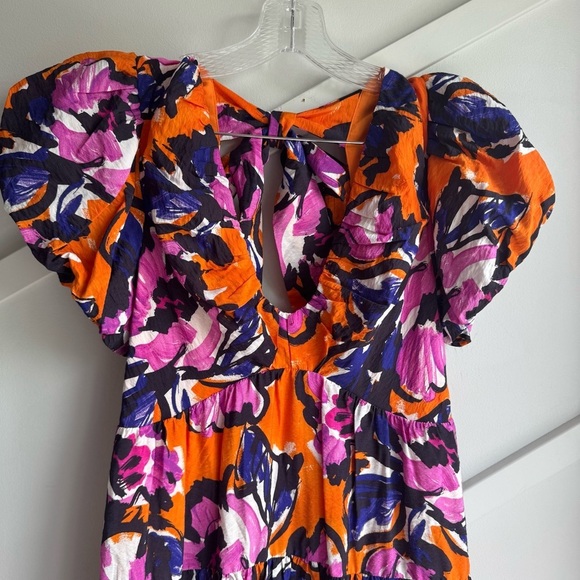 By Anthropologie Puff Sleeve Midi Floral Orange and Purple Dress size S - Picture 6 of 11